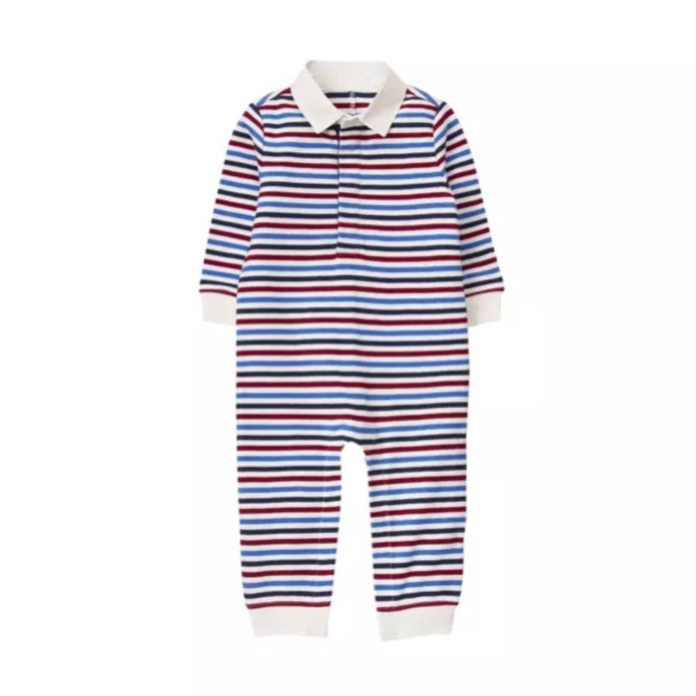 Janie and Jack striped Polo Coveralls, Coastal Blue Stripe, MSRP $59, 12-18 mo